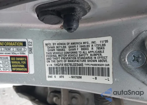 2006 Honda Civic Lx z USA, uszkodzony, nr VIN 1HGFA16576L023445